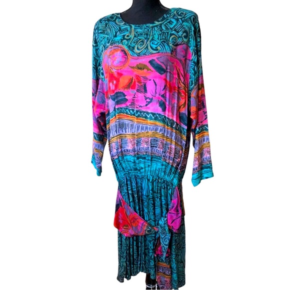 VTG Carole Little Vibrant Print Blouson Drop Waist Dress - Picture 1 of 15